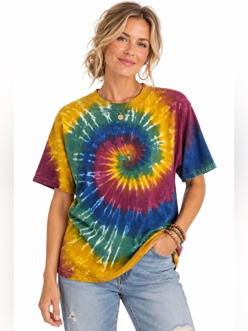Vintage 90s Tie Dye Spiral Tee Single Stitch Rainbow Festival Shirt Unisex Large